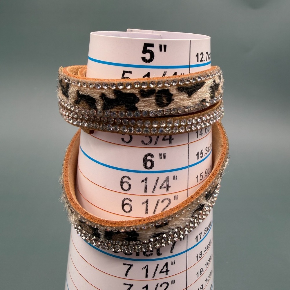 Leopard Print Rhinestone Wrap Bracelet Tan Suede Crystal Sparkle Boho Statement - Picture 12 of 13
